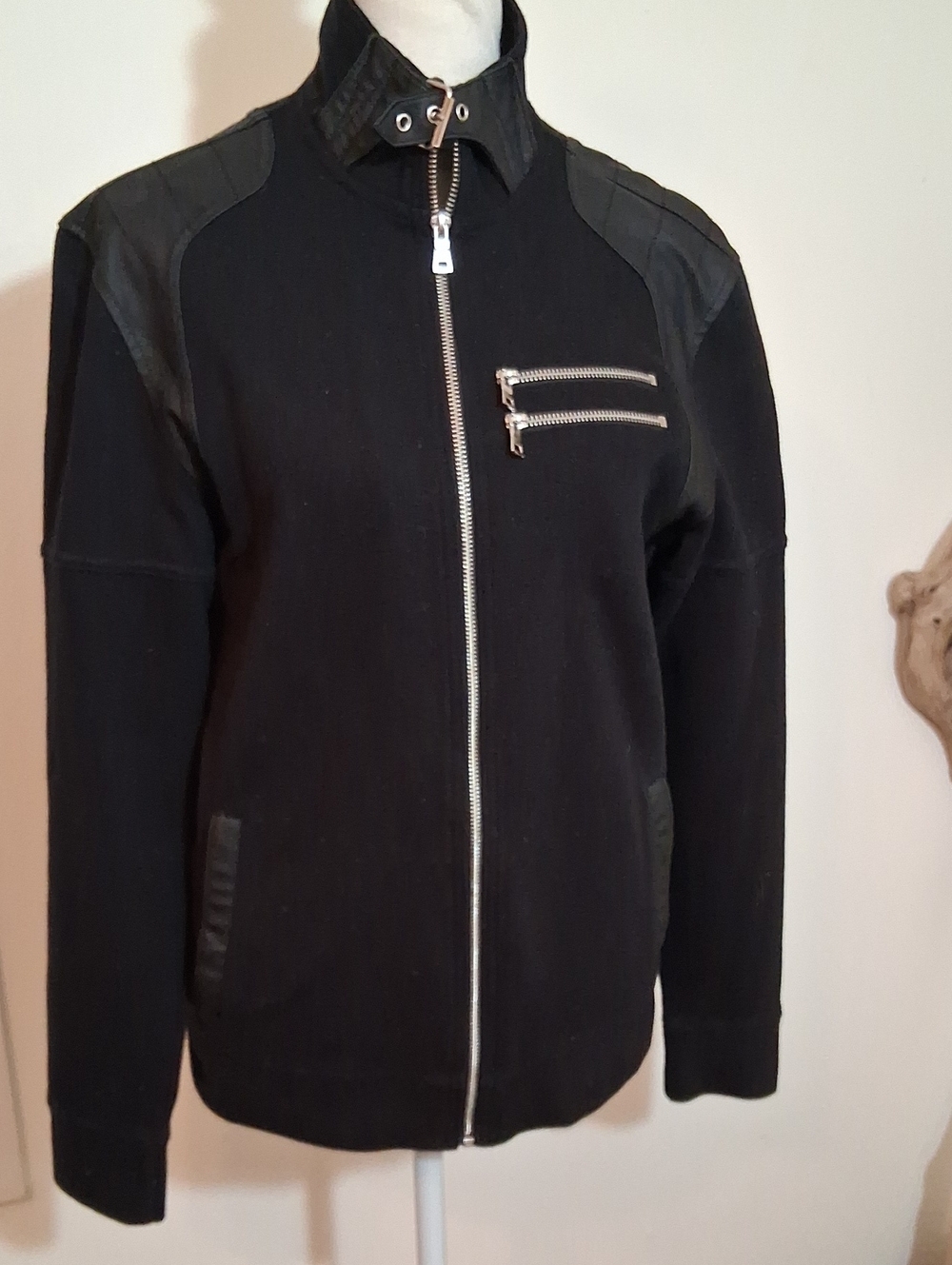 INC International Concepts Knit Black Zip-Up Bomber Jacket with Silver Zippers